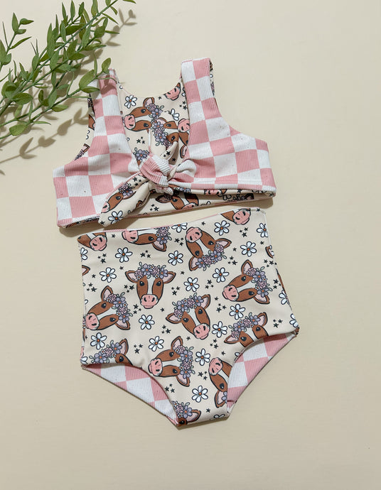 READY TO SHIP: Reversible Swim Set: Floral Cow and Checkers: 3T